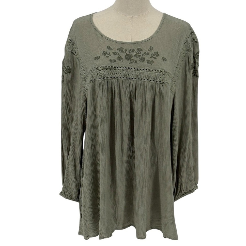 torrid Olive Embroidered Peasant Tunic Blouse